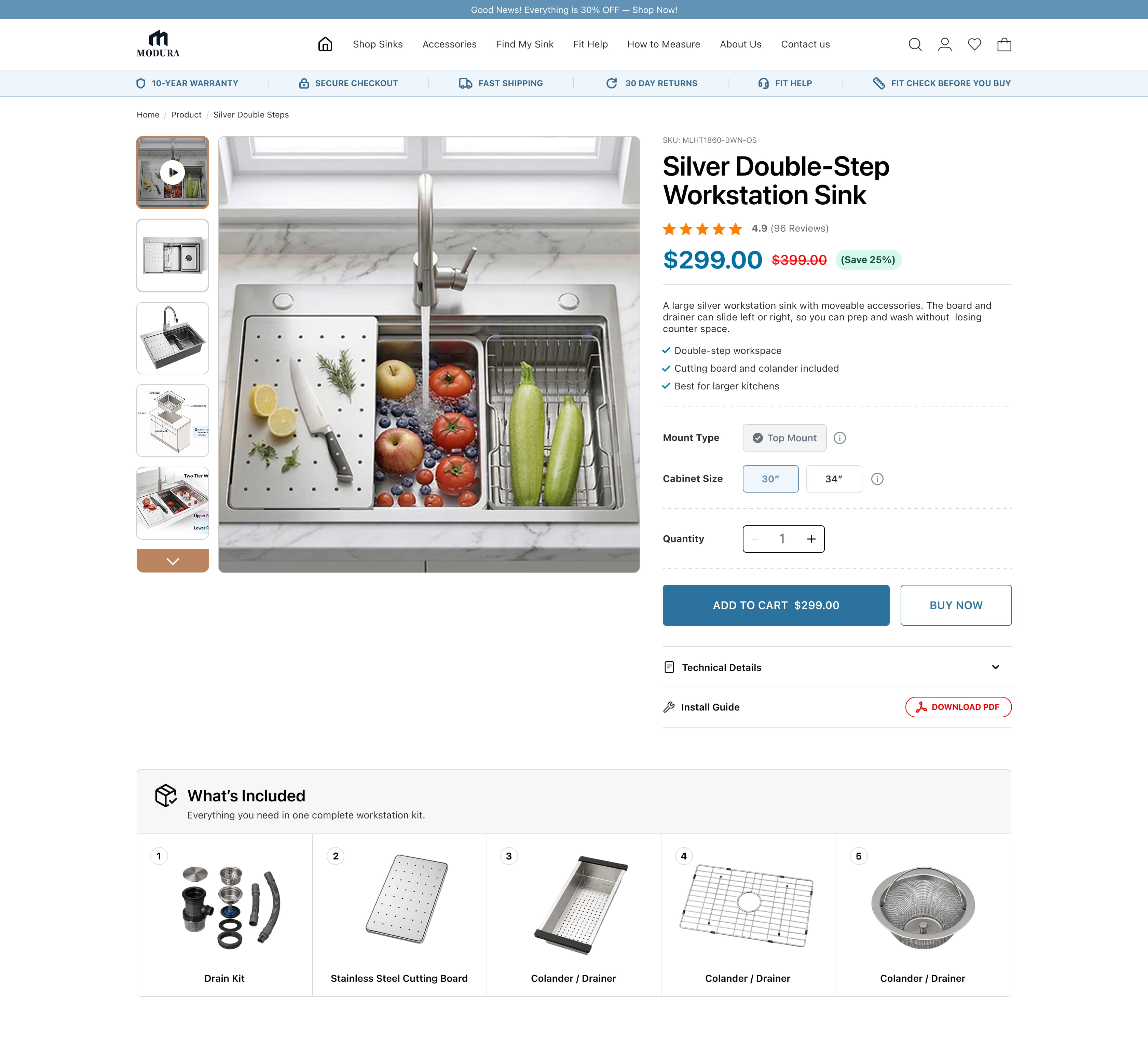 ModuraSinks product page after the UX redesign