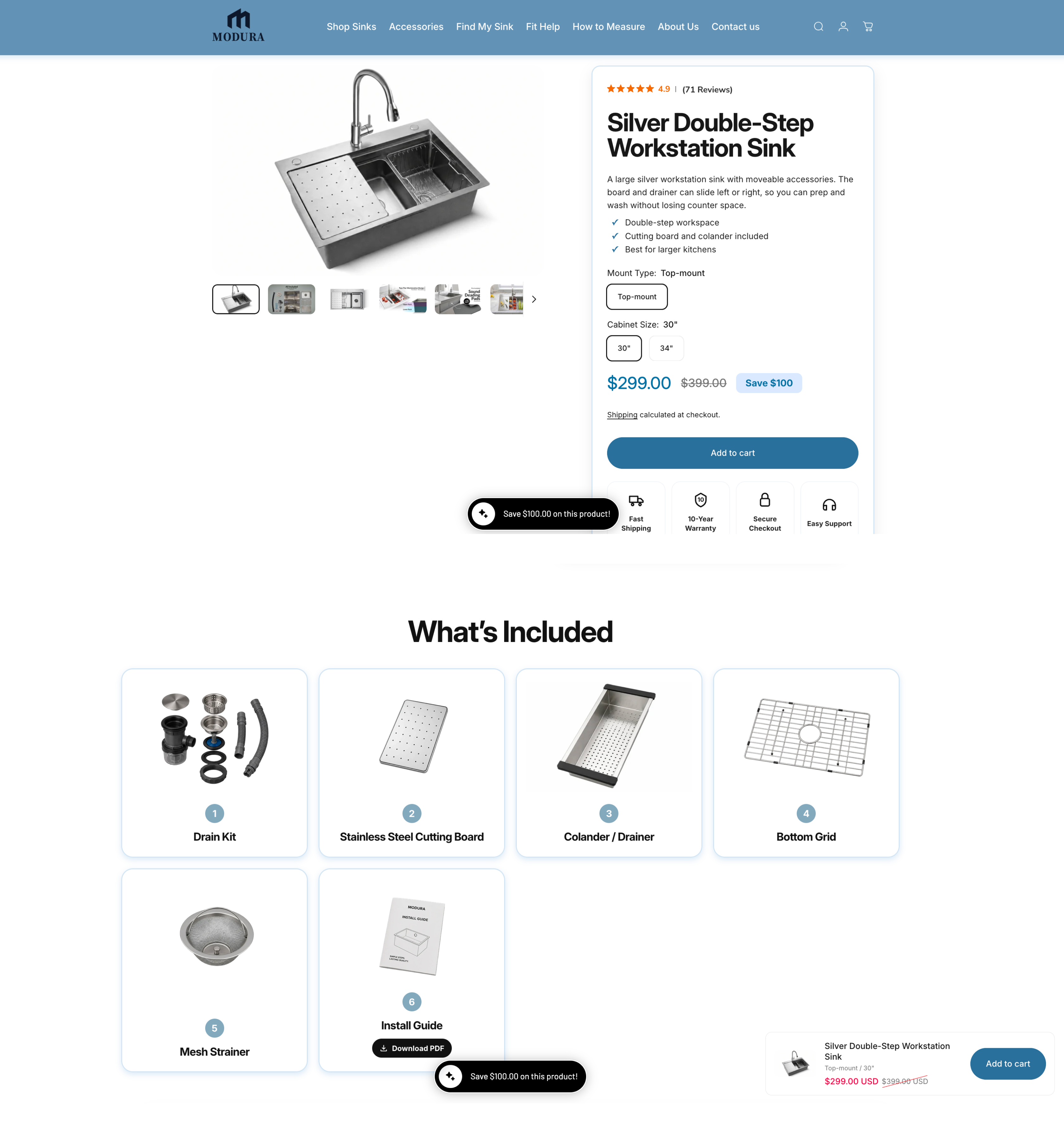 ModuraSinks product page before the UX redesign